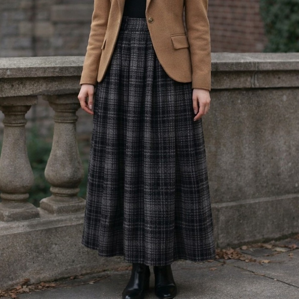 VTG Ralph Lauren Plaid Wool Blend Maxi Skirt Gray Black Size 6 Dark Academia USA